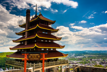 A multi-story pagoda stands on a hilltop overlooking a cityscape and greenery, with a sign reading "The Pagoda, City of Reading" in the foreground. Clouds dot the sky above.