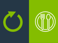 A green circle arrow symbol on a dark blue background next to a white fork, knife, and spoon icon on a lime green background.