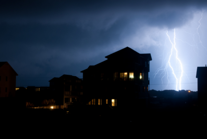 Silhouette of houses against a dark sky illuminated by a striking bolt of lightning.