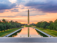 The Washington Monument at sunset, seen from the Lincoln Memorial, with its reflection in the Reflecting Pool in Washington, D.C.