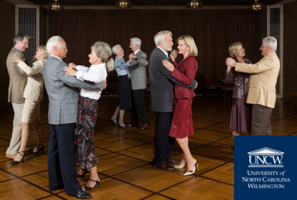 A group of elderly couples dance in pairs in a large room with a wood floor. The image features the logo of the University of North Carolina Wilmington in the bottom right corner.