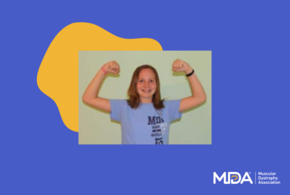 A child wearing a light blue MDA shirt poses with arms flexed on a blue background with the Muscular Dystrophy Association (MDA) logo.