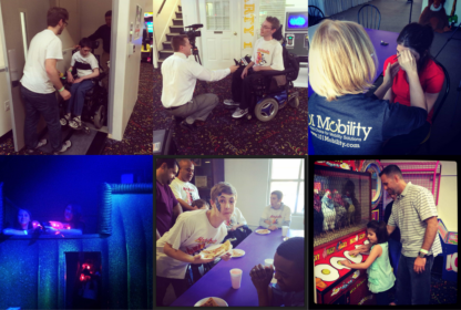 A group of people, including individuals in wheelchairs, engage in various activities: interviews, face painting, arcade games, and laser tag at an event organized by a mobility solutions company.