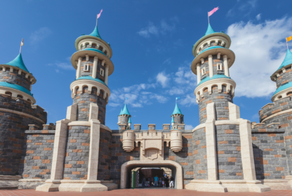 A castle with teal conical roofs, gray stone walls, and a central archway under a blue sky with some clouds. People are visible under the arch.