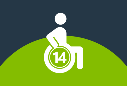 Graphic illustration featuring a white wheelchair symbol on a green semicircle with the number 14 inside the wheel, set against a dark blue background.