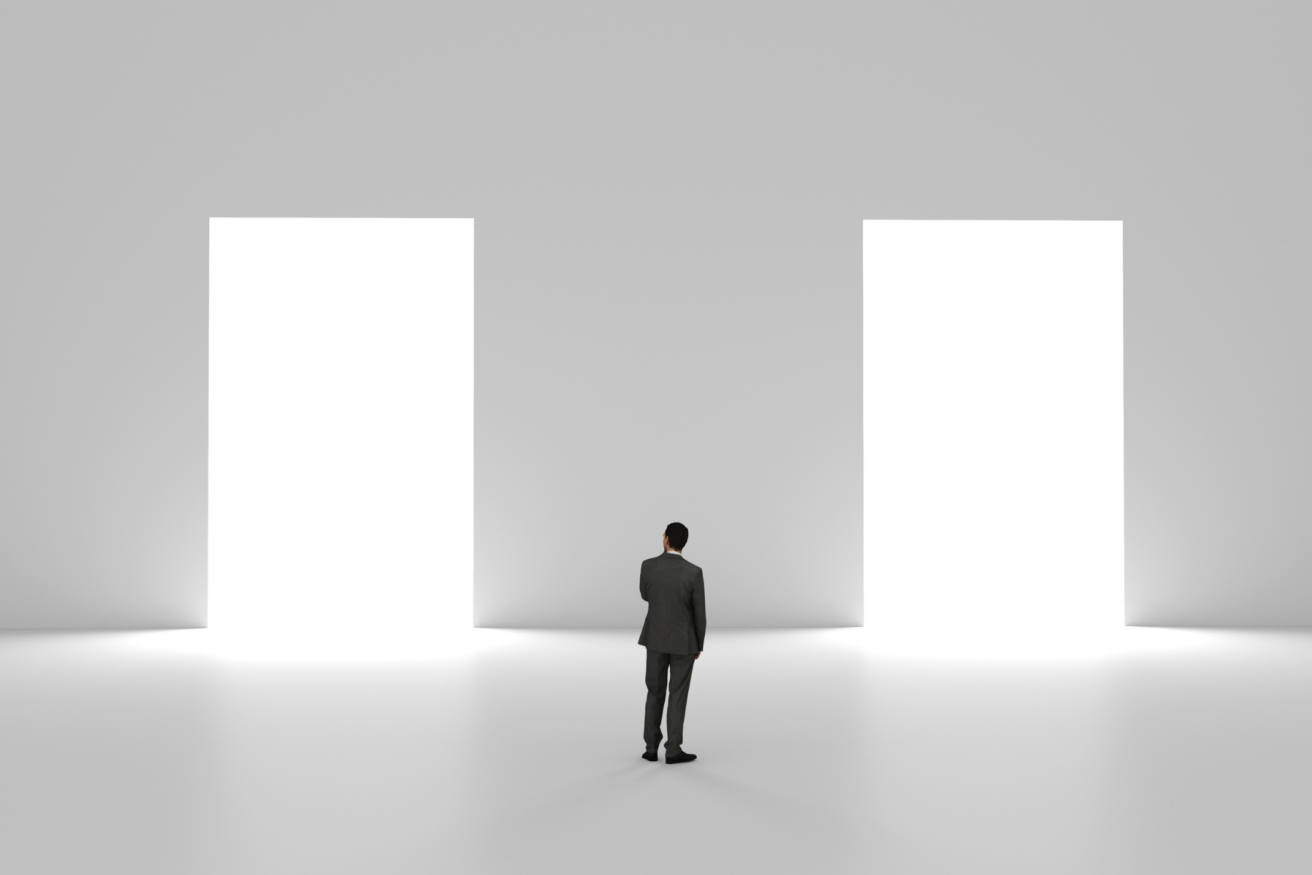 A man in a suit stands in a white room facing two large, illuminated doorways, contemplating which one to choose.