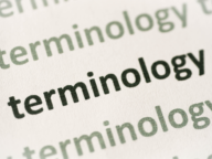 The word "terminology" is printed in bold and regular fonts, repeated several times in a slightly blurred background.