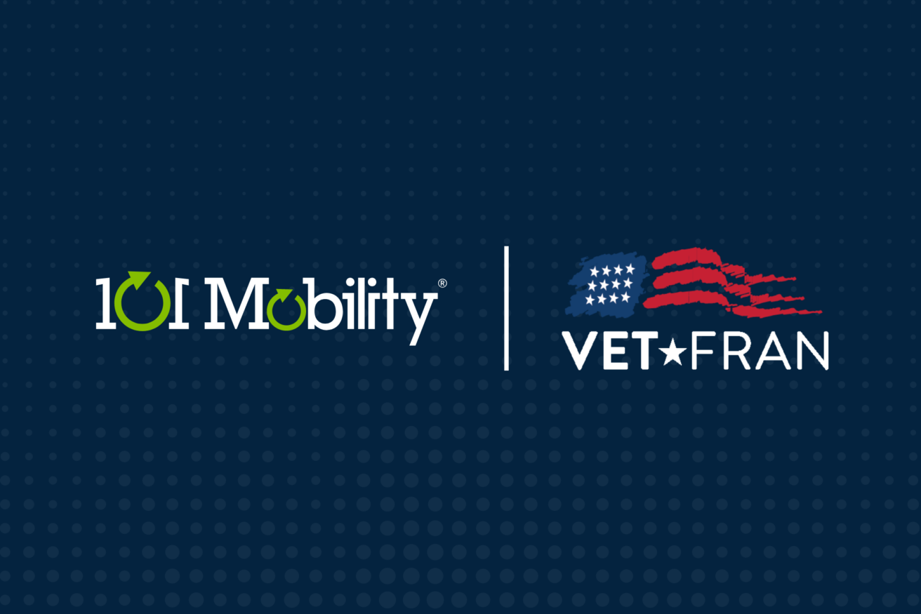 101 Mobility and VetFran logos displayed side by side on a dark dotted background.