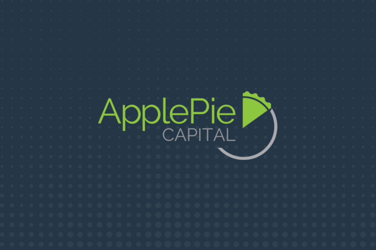 ApplePie Capital logo featuring green and white text with a green pie chart slice on a blue dotted background.