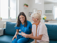 A smiling healthcare worker in blue scrubs sits on a couch with an elderly woman holding a cane, both looking at a document.