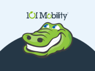 A cartoon alligator with a wide smile is centered beneath the 101 Mobility logo, which includes text and green arrows. The background is light blue with a dark blue arc at the bottom.