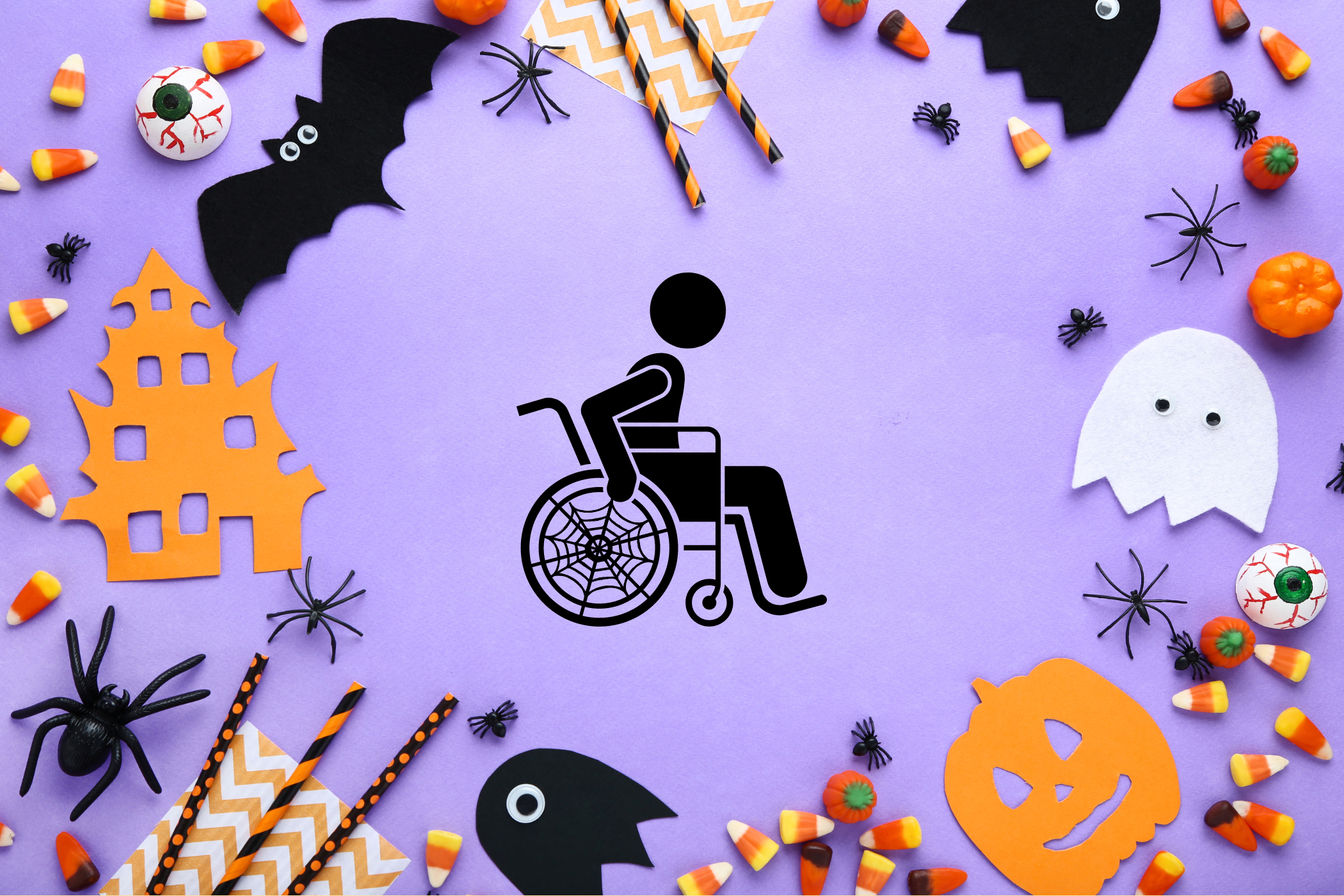 Purple background with Halloween decorations including candy corn, spiders, bats, pumpkins, ghosts, and a wheelchair symbol with a spider web design.