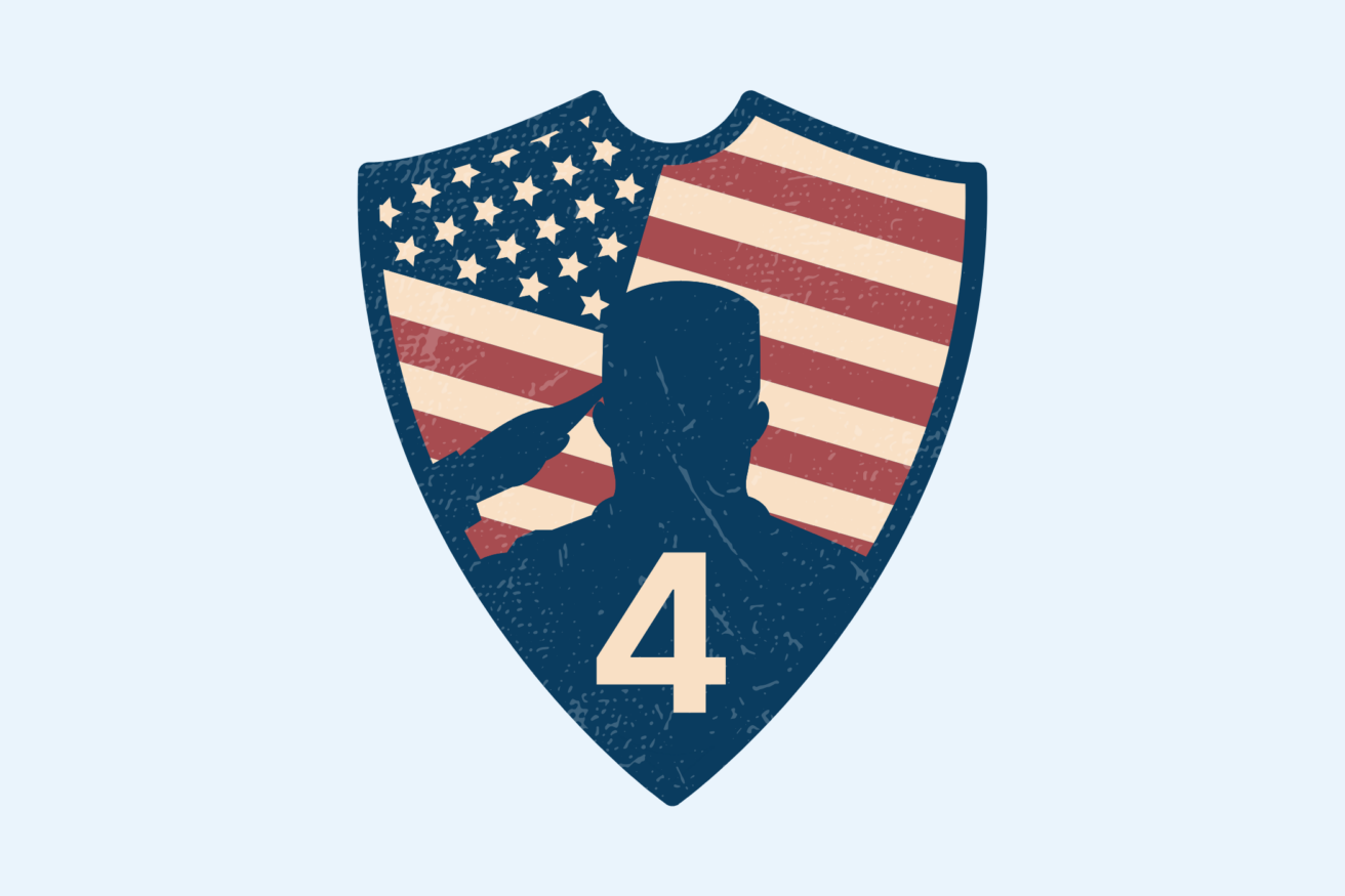 A shield with the American flag and a saluting soldier silhouette, marked with the number 4 at the bottom.