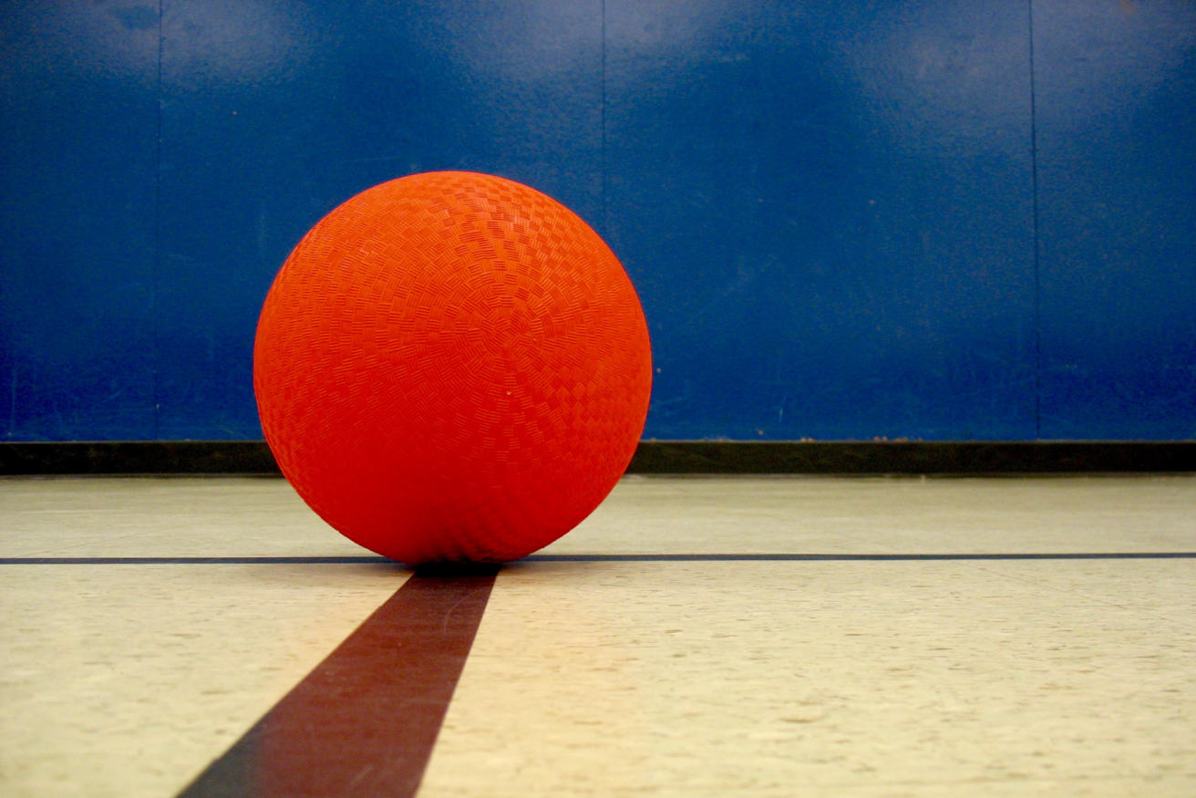 A red ball rests on a gymnasium floor, divided by a dark line, against a blue wall background.