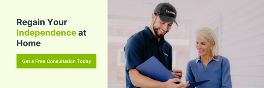 A man in a uniform shows a woman a clipboard. Text on the image reads, "Regain Your Independence at Home. Get a Free Consultation Today.