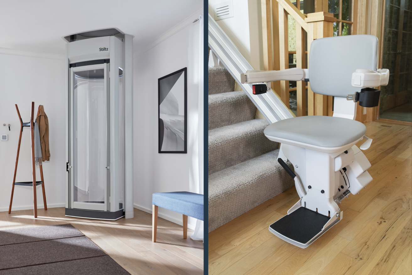 A split image showing a residential elevator on the left and a stairlift on the right.