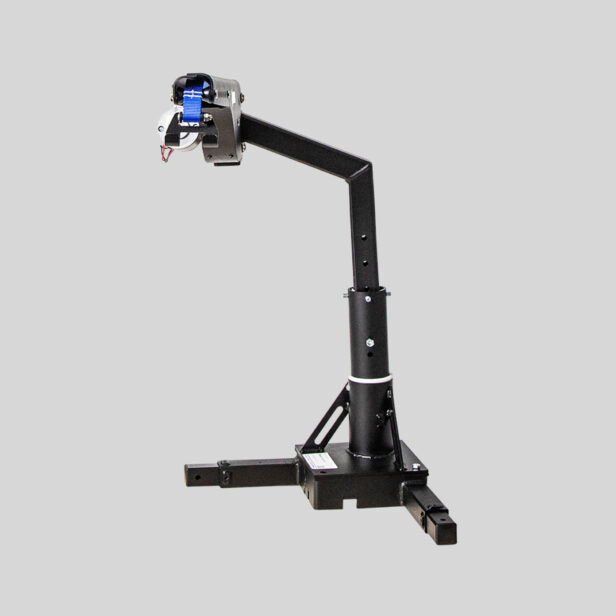 A black robotic arm with a blue motor on a stand, set against a gray background.