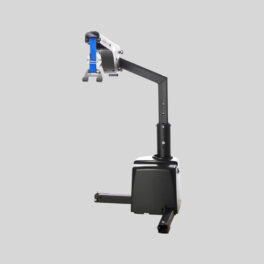 Image of a robotic arm with a gripper attachment, mounted on a black rectangular base, against a plain gray background.