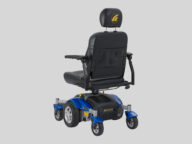 back view of a golden power chair in blue.