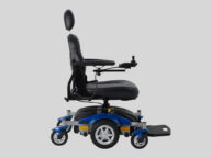 side view of a golden power chair in blue.