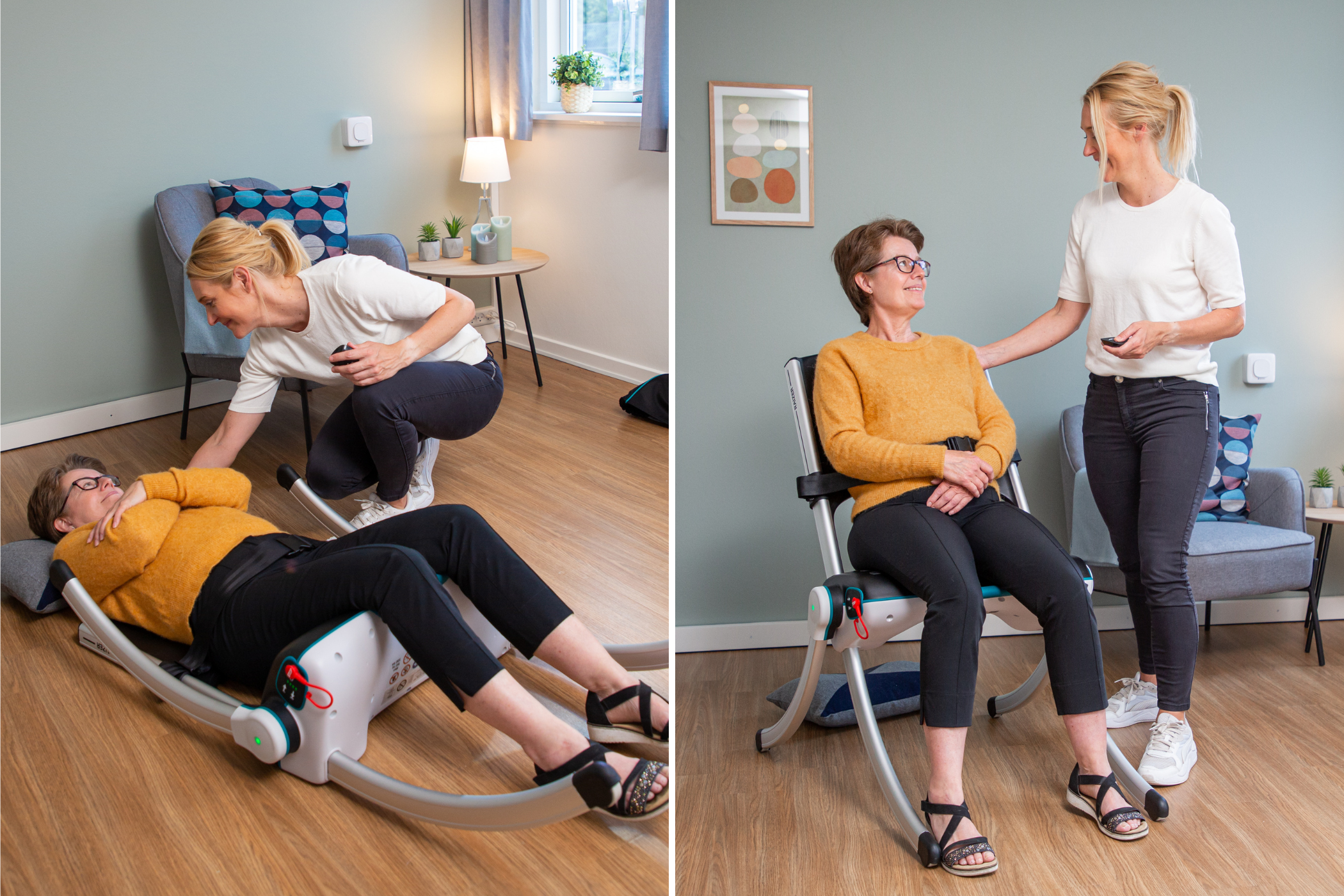 Two-panel image: On the left, a woman helps another woman using a mobility aid to lie down. On the right, the same woman sits comfortably in a chair, assisted by the helper holding a remote.