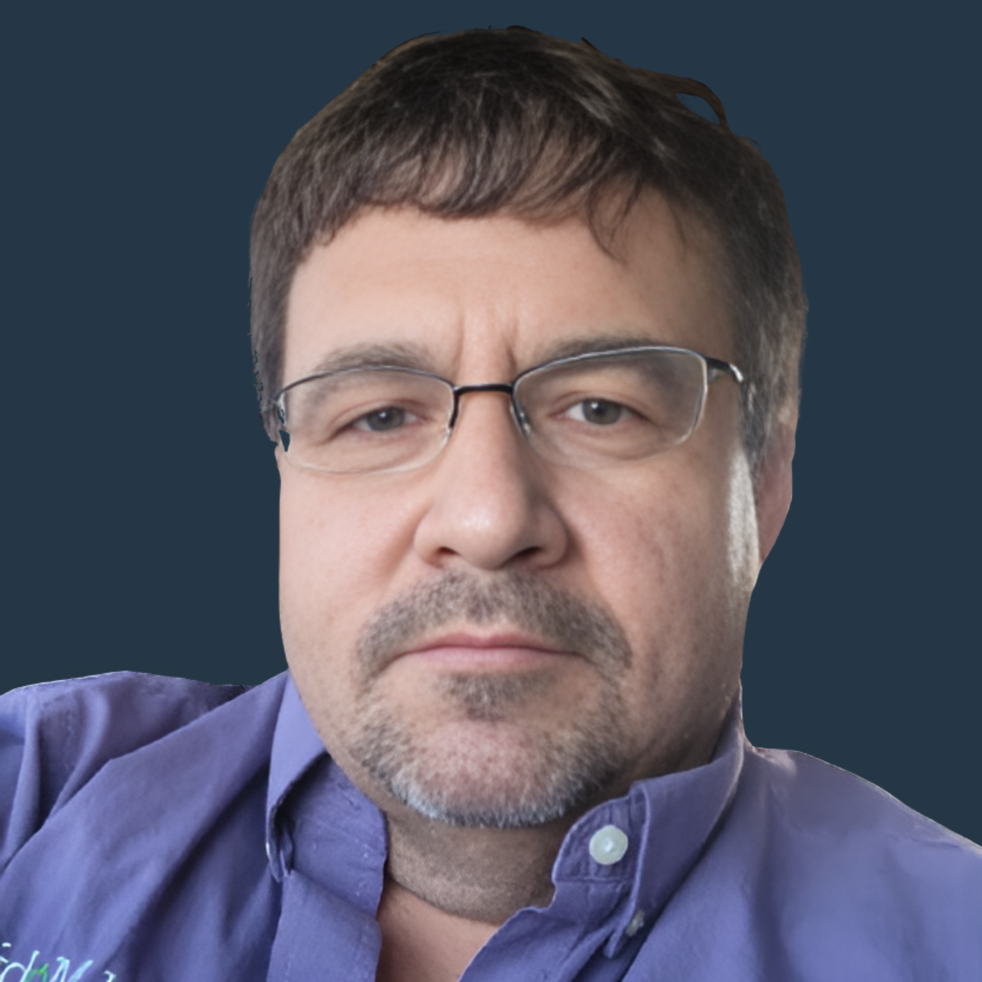 A man with short brown hair, glasses, and facial hair, wearing a purple button-up shirt, set against a dark blue background.