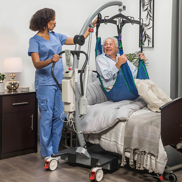 a patient on a levanto floor lift.