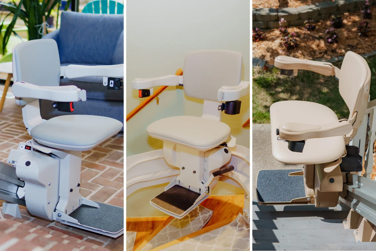 Three stair lifts on different staircases: left on a brick patio, center indoors, and right outdoors on a wooden deck. Each has a padded seat, armrests, footrest, and control buttons.