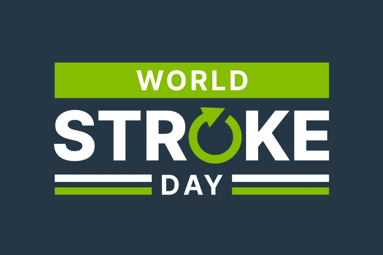 World Stroke Day logo with "World Stroke Day" text and a circular arrow incorporated into the letter "O" of "Stroke" on a dark background.