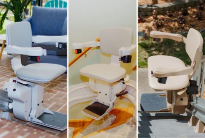 Three stair lifts on different staircases: left on a brick patio, center indoors, and right outdoors on a wooden deck. Each has a padded seat, armrests, footrest, and control buttons.