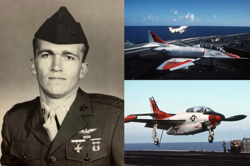 Black-and-white portrait of a military officer; two color photos show naval aircraft on an aircraft carrier and in flight over the ocean.