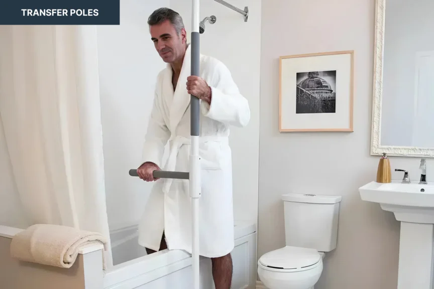 A person in a white robe uses a transfer pole to enter a bathtub in a bathroom setting.