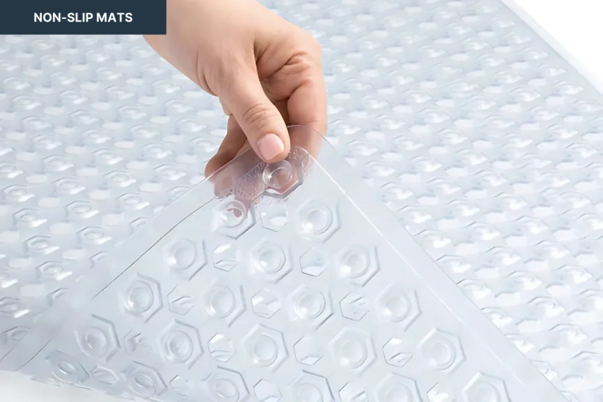 Hand lifting the corner of a clear, hexagon-patterned non-slip mat.