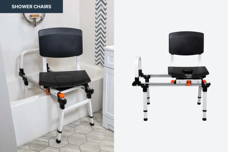 Two images of a shower chair with backrest and adjustable legs, shown inside a bathtub and separately against a white background.