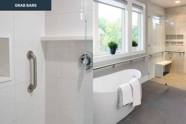 Two images of a bathroom: one showing a grab bar on a tiled wall, the other featuring a modern bathroom with a tub, grab bars, and a window with potted plants.