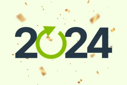 Text "2024" with a green arrow forming the zero, surrounded by falling gold confetti.