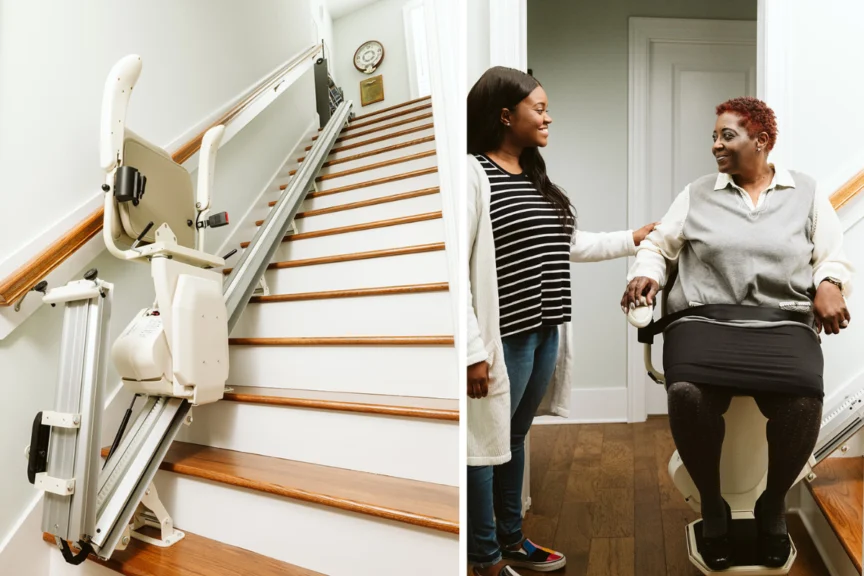 On the left, a stair lift is installed on a staircase. On the right, a woman sits on the stair lift while another woman stands beside her, smiling.