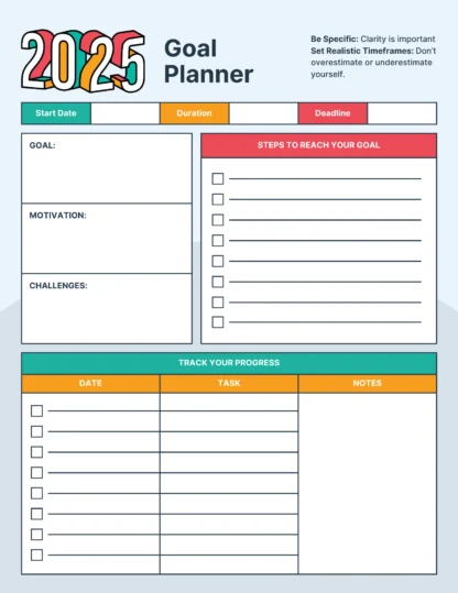 Image of a 2025 goal planner template featuring sections for goals, motivation, challenges, steps, and progress tracking. It includes fields for start date, duration, and deadline.