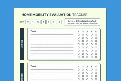 Home Mobility Evaluation Tracker template with sections for morning and afternoon tasks. Difficulty levels are rated from 1 to 5. Days of the week are selectable at the top.