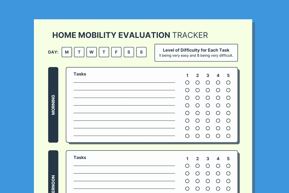 Home Mobility Evaluation Tracker template with sections for morning and afternoon tasks. Difficulty levels are rated from 1 to 5. Days of the week are selectable at the top.