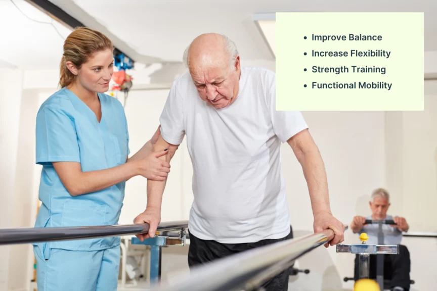 An elderly man undergoes physical therapy with assistance from a healthcare worker. A list reads: Improve Balance, Increase Flexibility, Strength Training, Functional Mobility.