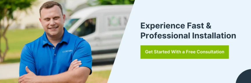 A person in a blue polo shirt stands with arms crossed. A van is in the background. Text reads: "Experience Fast & Professional Installation. Get Started With a Free Consultation.