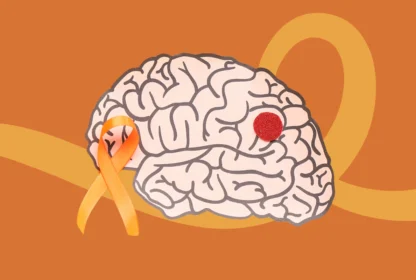 Illustration of a brain with an orange ribbon and a red spot on it, set against an orange background with a wavy line.